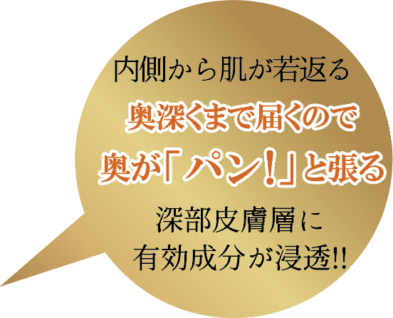 深部皮膚層に有効成分が浸透、肌が内側から「パンッ！」と若返ります。